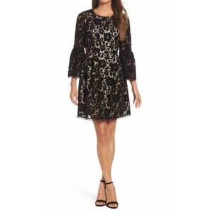 Eliza J Black Velvet Texture Lace Belted Cocktail Dress Size 10